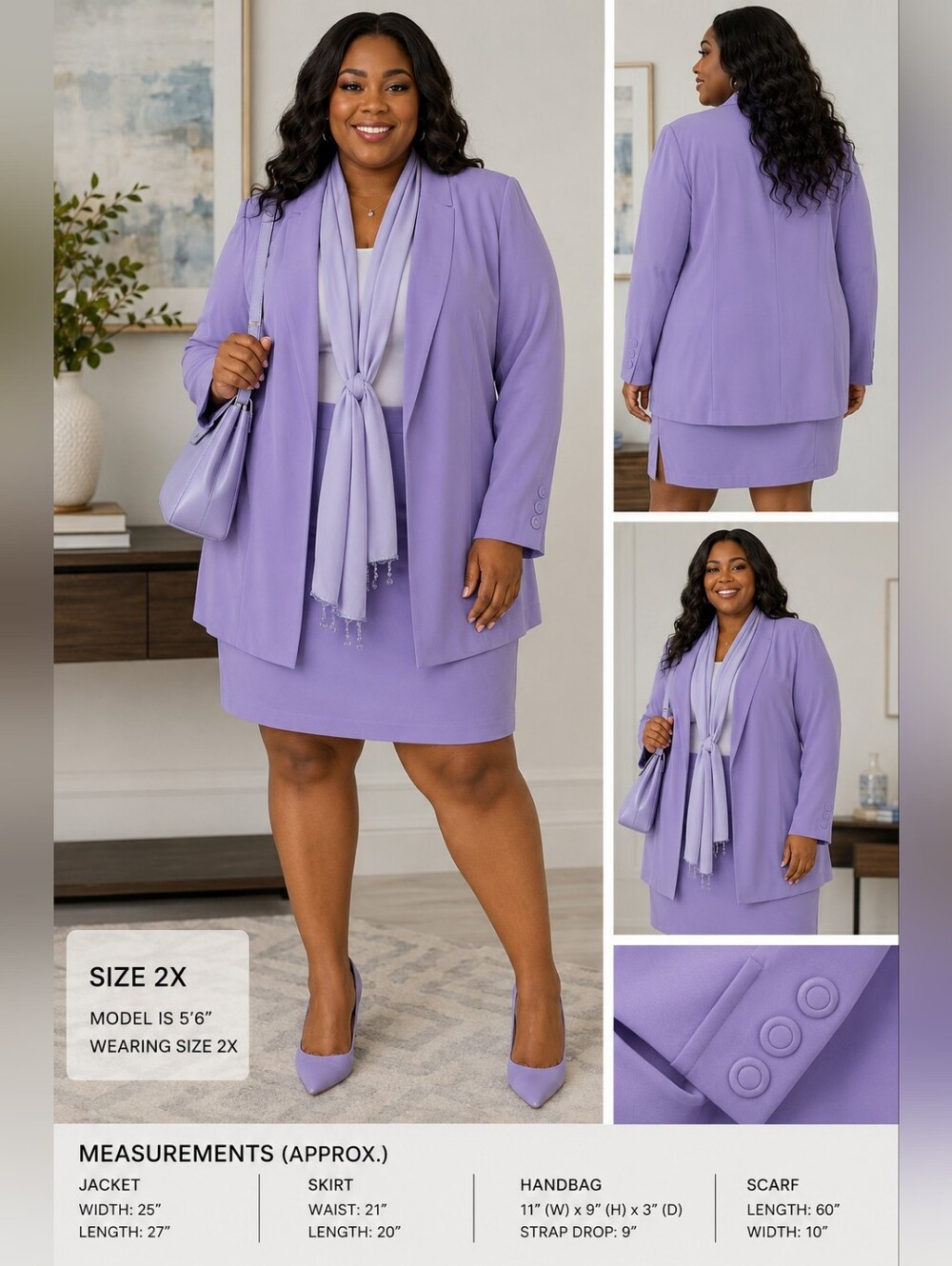 Diane Gilman 4Pc Lavender Silk Suit Set 2X Jacket Skirt Scarf Handbag